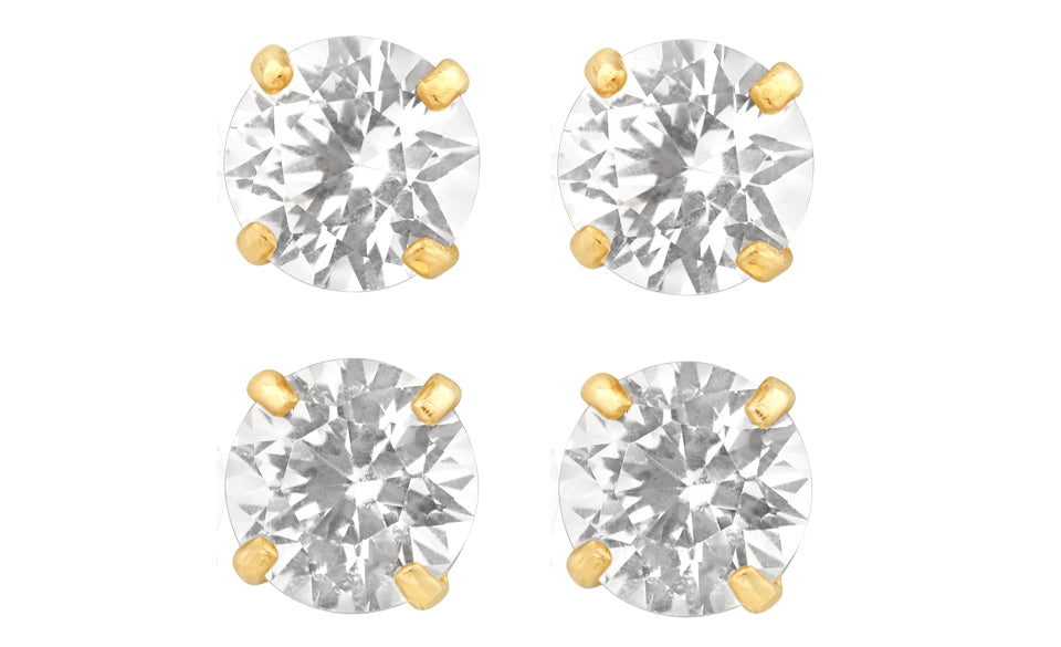 14k Yellow Gold Plated 4mm 1/2Ct Round White Sapphire Set Of Two Stud Earrings