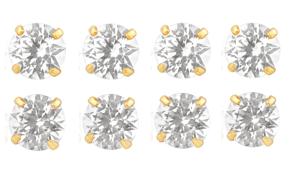 14k Yellow Gold Plated 4mm 4Ct Round White Sapphire Set Of Four Stud Earrings