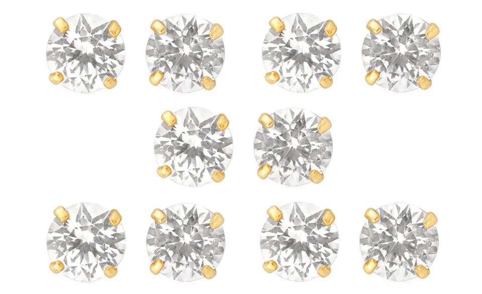 14k Yellow Gold Plated 4mm 3Ct Round White Sapphire Set Of Five Stud Earrings