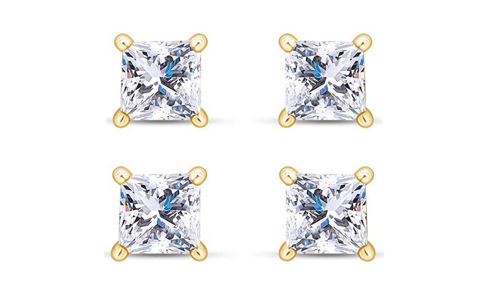 18k Yellow Gold Plated 6mm 1Ct Princess Cut White Sapphire Set Of Two Stud Earrings