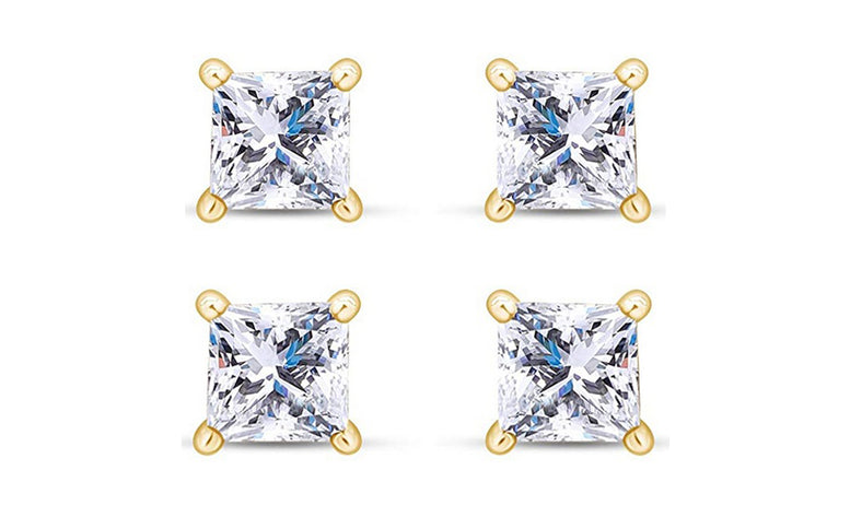 18k Yellow Gold Plated 4mm 3Ct Princess Cut White Sapphire Set Of Two Stud Earrings
