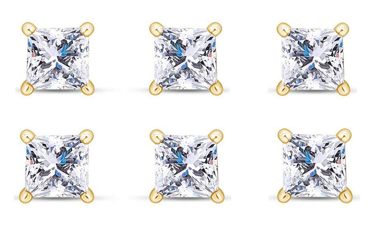 18k Yellow Gold Plated 6mm 1/2Ct Princess Cut White Sapphire Set Of Three Stud Earrings