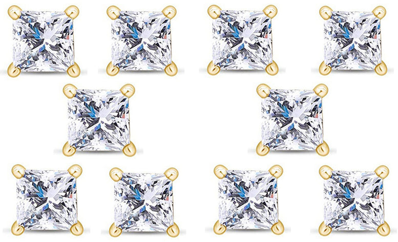 14k Yellow Gold Plated 4mm 2Ct Princess Cut White Sapphire Set Of Five Stud Earrings