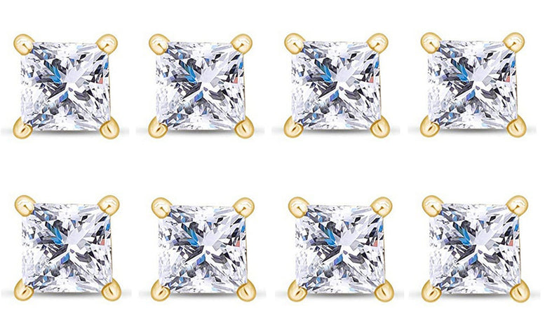 14k Yellow Gold Plated 6mm 4Ct Princess Cut White Sapphire Set Of Four Stud Earrings