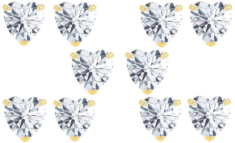 14k Yellow Gold Plated 6mm 3Ct Heart White Sapphire Set Of Five Stud Earrings