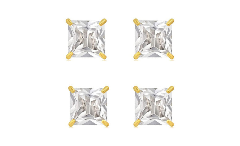 14k Yellow Gold Plated 4mm 2Ct Square Cut White Sapphire Set Of Two Stud Earrings