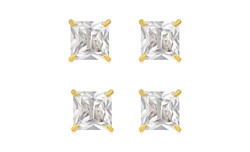 14k Yellow Gold Plated 4mm 4Ct Square Cut White Sapphire Set Of Two Stud Earrings