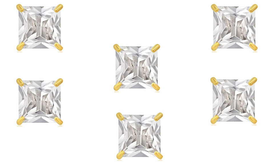 14k Yellow Gold Plated 6mm 3Ct Square Cut White Sapphire Set Of Three Stud Earrings