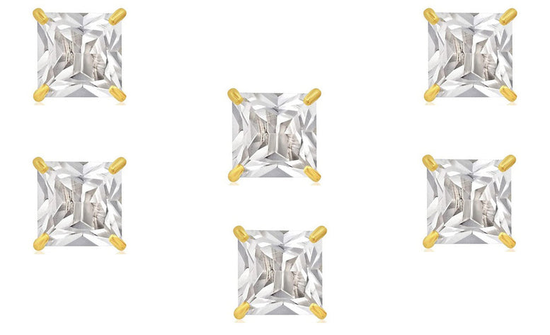 14k Yellow Gold Plated 4mm 1Ct Square Cut White Sapphire Set Of Three Stud Earrings