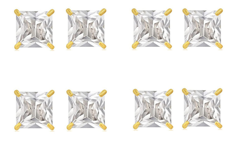 14k Yellow Gold Plated 4mm 2Ct Square Cut White Sapphire Set Of Four Stud Earrings