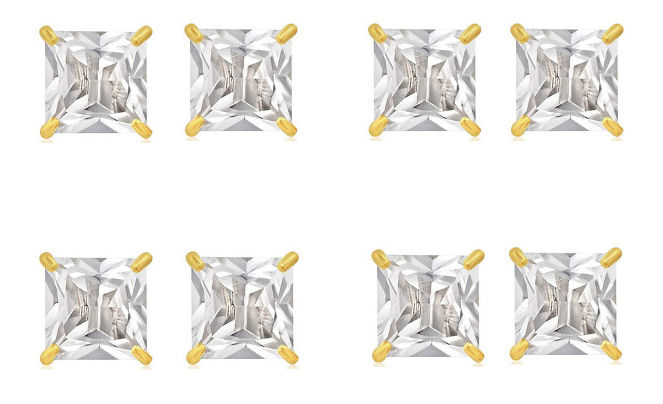 14k Yellow Gold Plated 6mm 1Ct Square Cut White Sapphire Set Of Four Stud Earrings