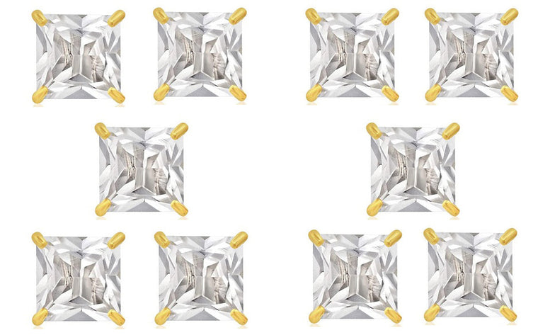 18k Yellow Gold Plated 6mm 1/2Ct Square Cut White Sapphire Set Of Five Stud Earrings