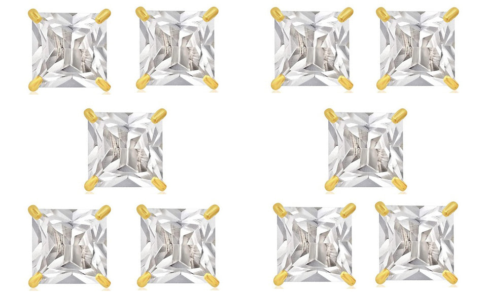 18k Yellow Gold Plated 4mm 2Ct Square Cut White Sapphire Set Of Five Stud Earrings