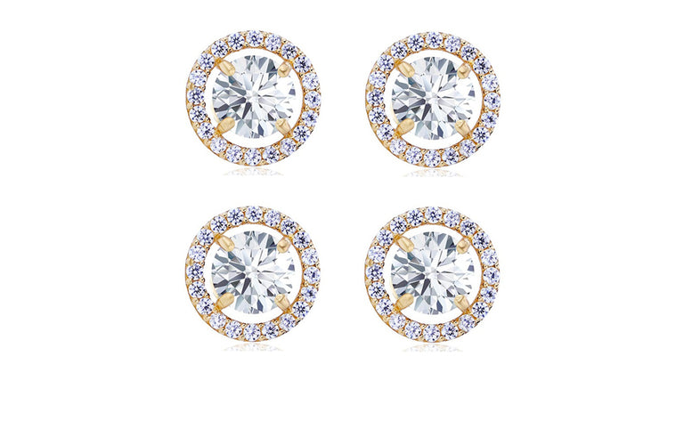 14k Yellow Gold Plated 4mm 3Ct Round White Sapphire Set Of Two Halo Stud Earrings
