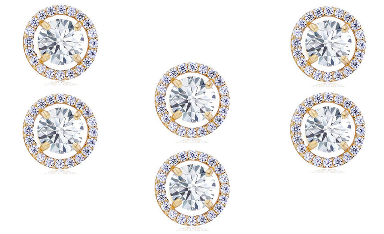 14k Yellow Gold Plated 4mm 1/2Ct Round White Sapphire Set Of Three Halo Stud Earrings