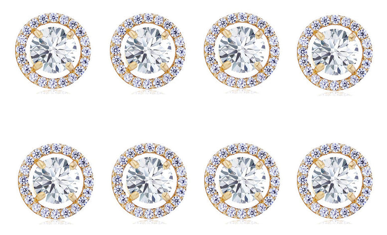 14k Yellow Gold Plated 6mm 1/2Ct Round White Sapphire Set Of Four Halo Stud Earrings
