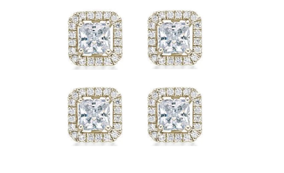 18k Yellow Gold Plated 6mm 3Ct Princess Cut White Sapphire Set of Two Halo Stud Earrings