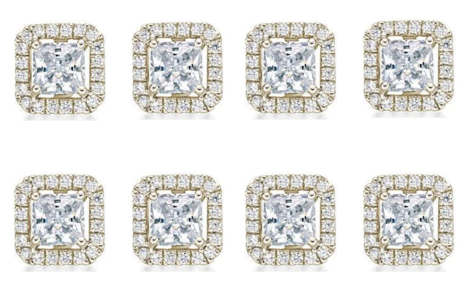 18k Yellow Gold Plated 4mm 2Ct Princess Cut White Sapphire Set of Four Halo Stud Earrings