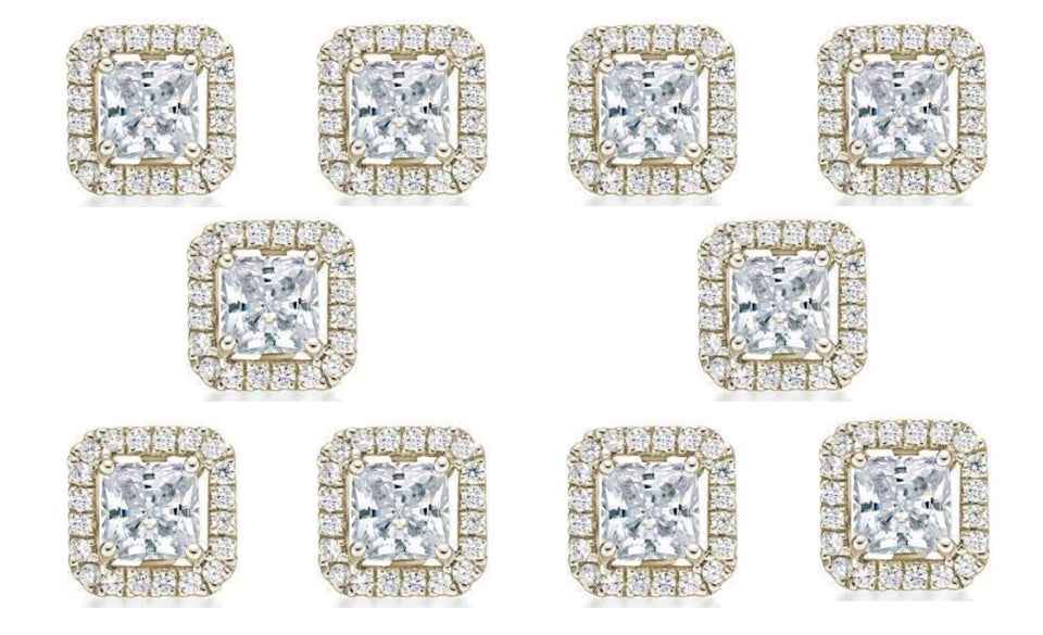 18k Yellow Gold Plated 6mm 1Ct Princess Cut White Sapphire Set of Five Halo Stud Earrings
