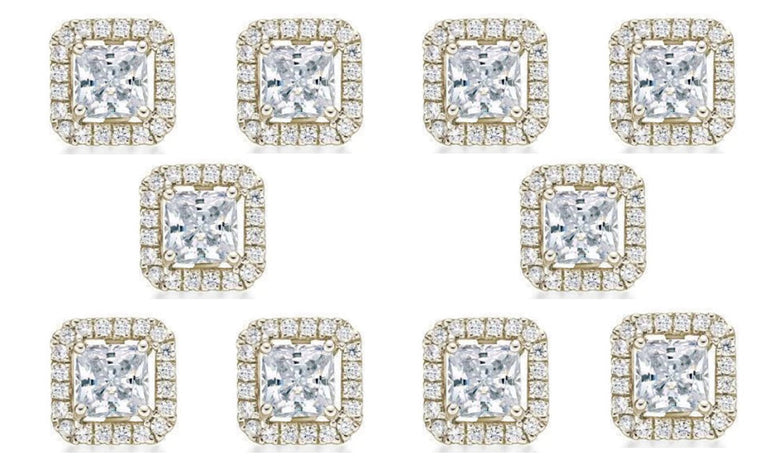 18k Yellow Gold Plated 4Ct Princess Cut White Sapphire Set of Five Halo Stud Earrings