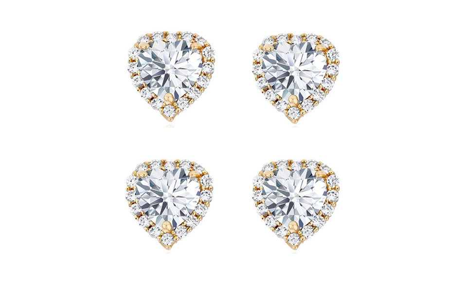 18k Yellow Gold Plated 4mm 1/2Ct Heart White Sapphire Set of Two Halo Stud Earrings