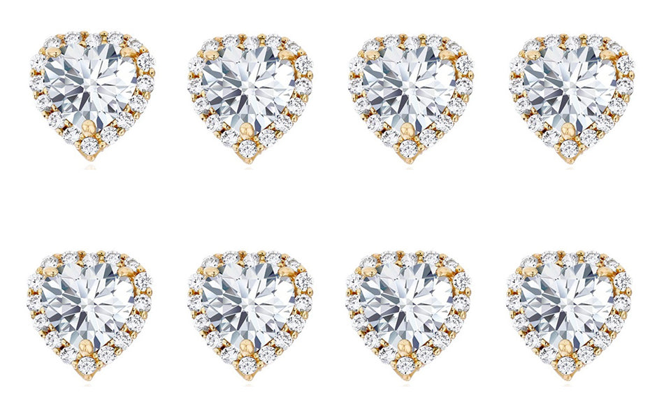 18k Yellow Gold Plated 6mm 1Ct Heart White Sapphire Set of Four Halo Stud Earrings