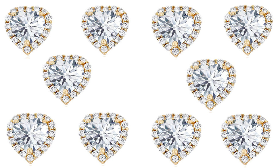 18k Yellow Gold Plated 4mm 3Ct Heart White Sapphire Set of Five Halo Stud Earrings