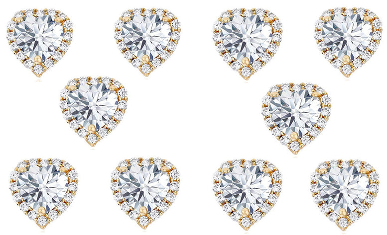14k Yellow Gold Plated 6mm 1/2Ct Heart White Sapphire Set of Five Halo Stud Earrings