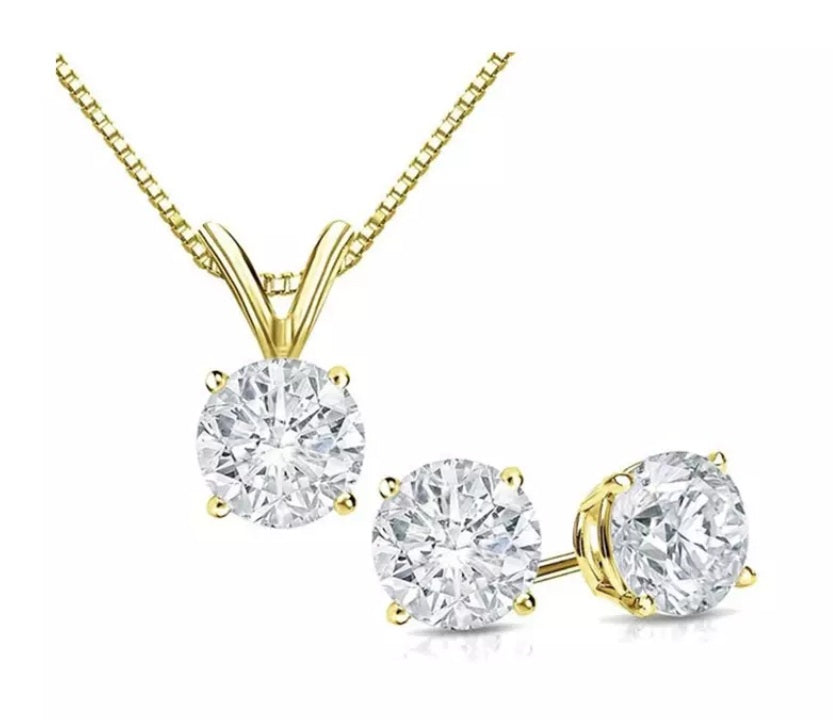 18k Yellow Gold 1Ct Round White Sapphire 18 Inch Necklace and Earrings Set plated