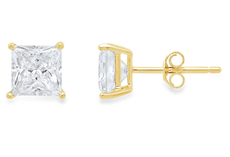 14k Yellow Gold 1/4 Carat Princess 4 Prong Solitaire Created Diamond Stud Earrings 4mm