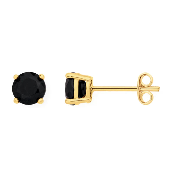 14k Yellow Gold Created Black Sapphire Round Stud Earrings 3mm