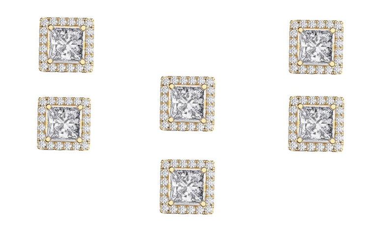 14k Yellow Gold Plated 1/2Ct Square Cut White Sapphire Set of Three Halo Stud Earrings
