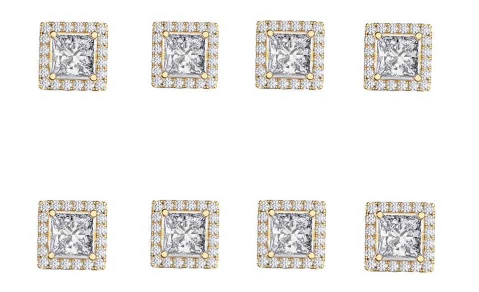 14k Yellow Gold Plated 4mm 3Ct Square Cut White Sapphire Set of Four Halo Stud Earrings