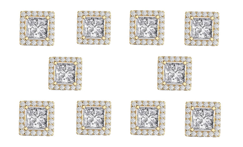 14k Yellow Gold Plated 4mm 1Ct Square Cut White Sapphire Set of Five Halo Stud Earrings