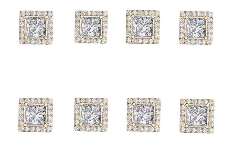 18k Yellow Gold Plated 6mm 2Ct Square Cut White Sapphire Set of Four Halo Stud Earrings