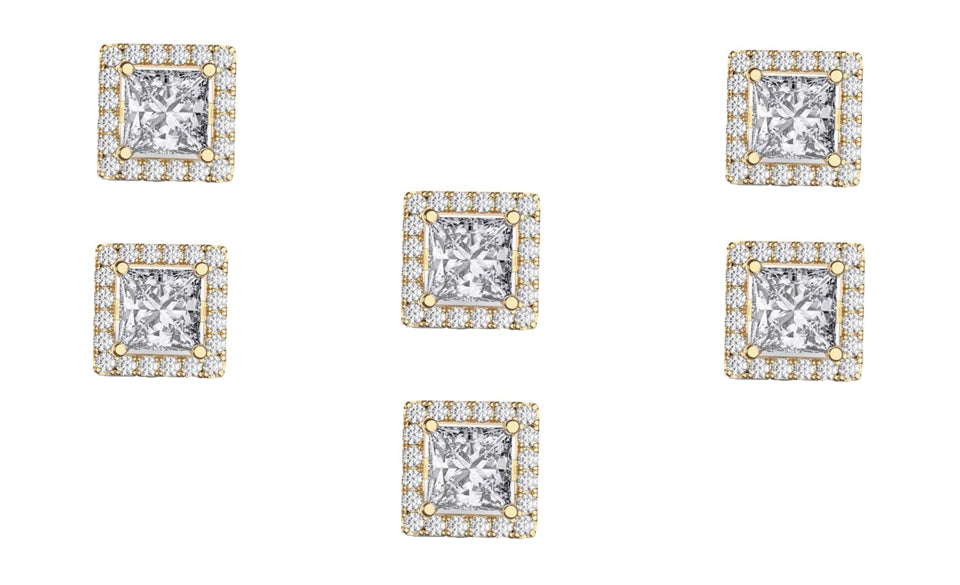 18k Yellow Gold Plated 1/2Ct Square Cut White Sapphire Set of Three Halo Stud Earrings