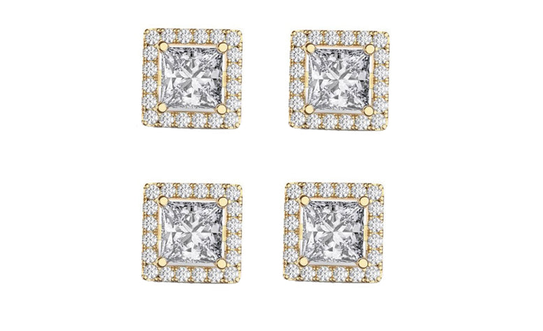 18k Yellow Gold Plated 2Ct Square Cut White Sapphire Set of Two Halo Stud Earrings