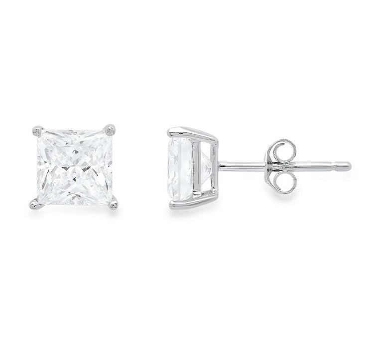 18k White Gold Plated Created White Sapphire 3Ct Princess Cut Stud Earrings