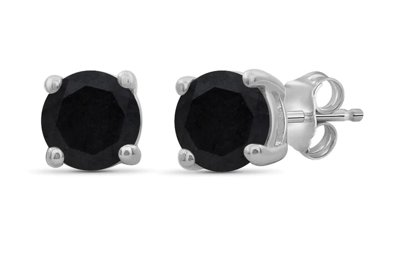 14k White Gold Created Black Sapphire Round Stud Earrings 3mm