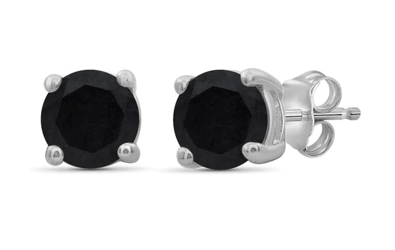 14k White Gold Created Black Sapphire Round Stud Earrings 4mm