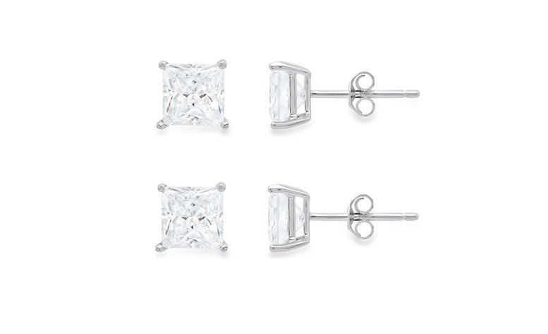 10k White Gold Plated Created White Sapphire 4Ct Princess Cut Set Of Two Stud Earrings