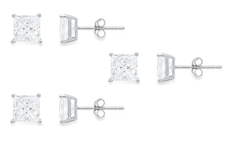 18k White Gold Plated Created White Sapphire 2Ct Princess Cut Set Of Three Stud Earrings