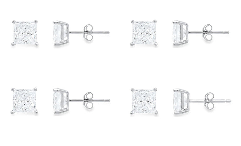 10k White Gold Plated Created White Sapphire 4Ct Princess Cut Set Of Four Stud Earrings