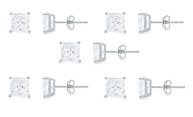 10k White Gold Plated Created White Sapphire 3Ct Princess Cut Set Of Five Stud Earrings
