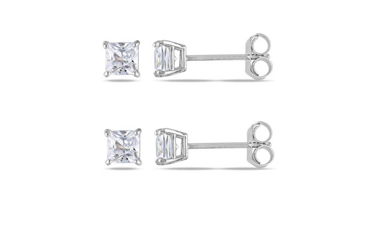 18k White Gold Plated Created White Sapphire 4Ct Square Cut Set of Two Stud Earrings