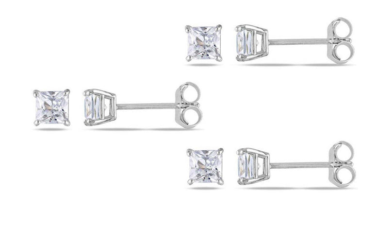10k White Gold Plated Created White Sapphire 4Ct Square Cut Set of Three Stud Earrings