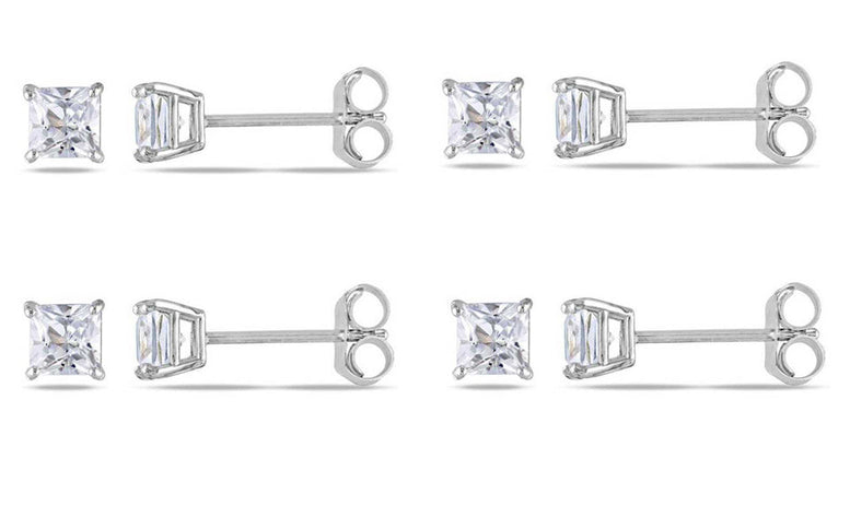 10k White Gold Plated Created White Sapphire 1Ct Square Cut Set of Four Stud Earrings