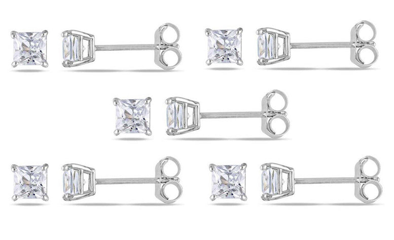 18k White Gold Plated Created White Sapphire 3Ct Square Cut Set of Five Stud Earrings