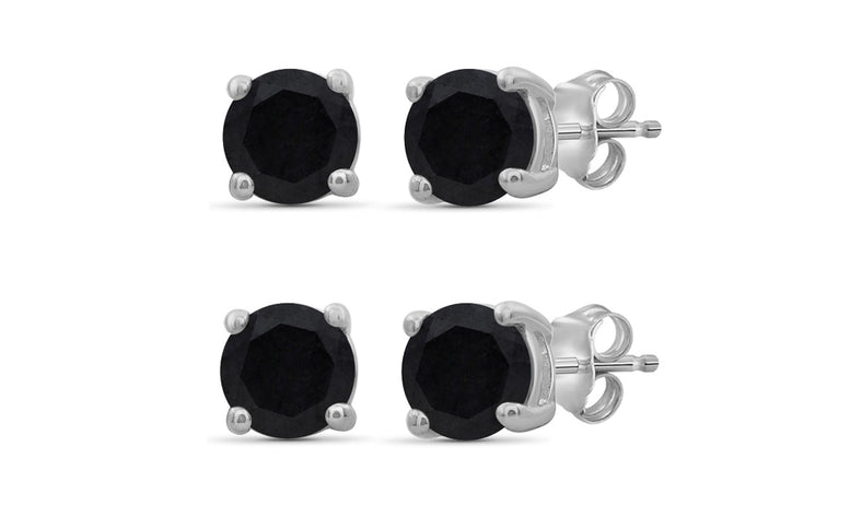 18k White Gold Plated Created Black Sapphire 1Ct Round Set of Two Stud Earrings