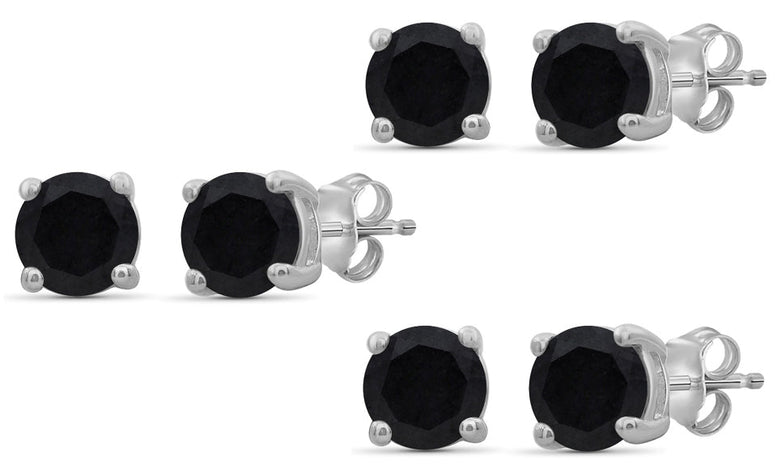 18k White Gold Plated Created Black Sapphire 1/2Ct Round Set of Three Stud Earrings